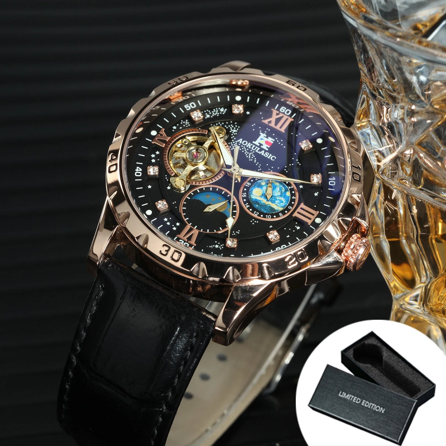 Luxury Skeleton Watch for Men Tourbillon Starry Sky Luminous Design Steel Leather Strap Fashion Automatic Mechanical Watches New