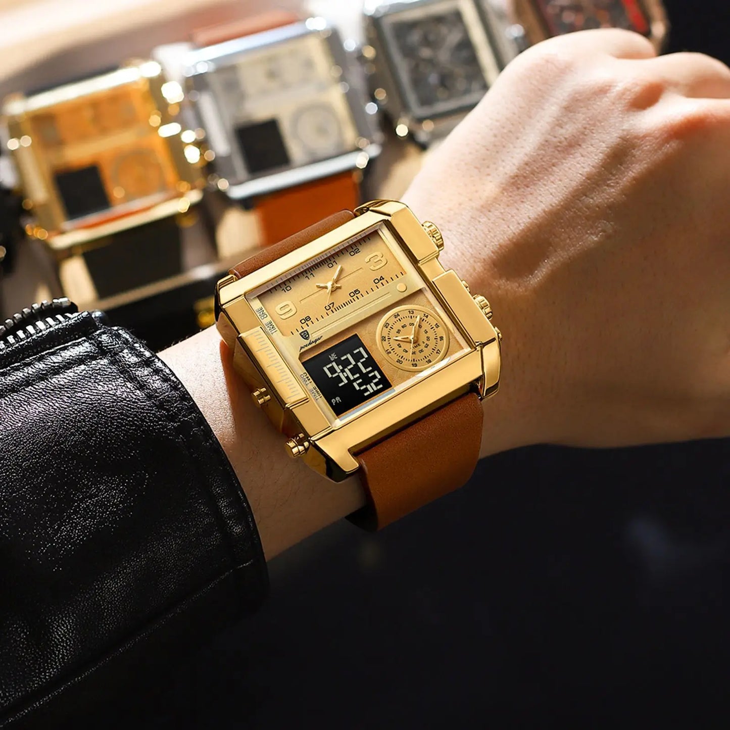 Luxury Men's Watch Rectangular Waterproof Luminous Day Week Men's Watch Digital Multifunctional Men's Watch Quartz Watch