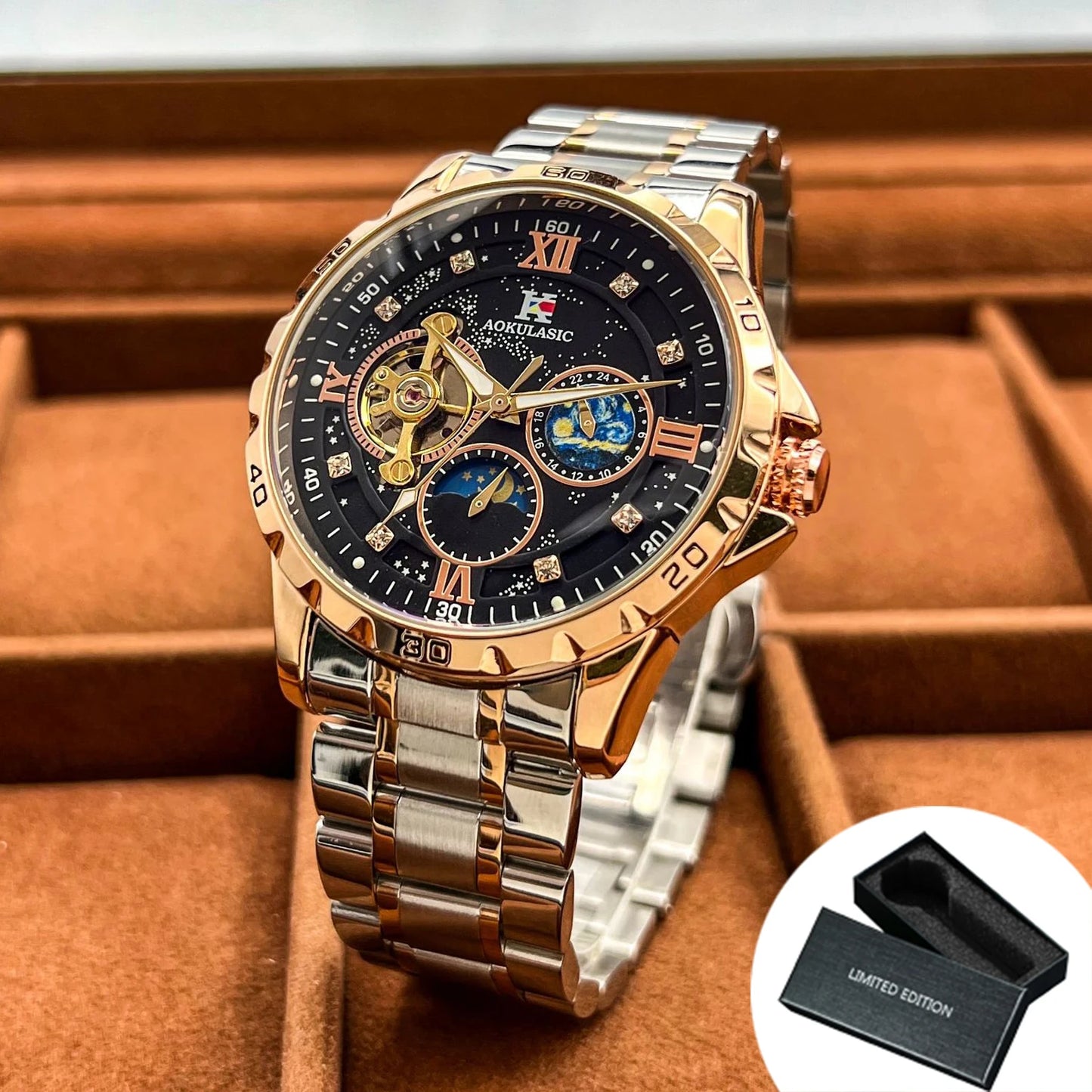 Luxury Skeleton Watch for Men Tourbillon Starry Sky Luminous Design Steel Leather Strap Fashion Automatic Mechanical Watches New