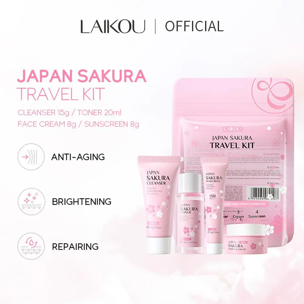 Sakura Skin Care Gift Set — Cleanser, Serum, Eye Cream & Essence Cream Beauty Routine Travel Kit for Women