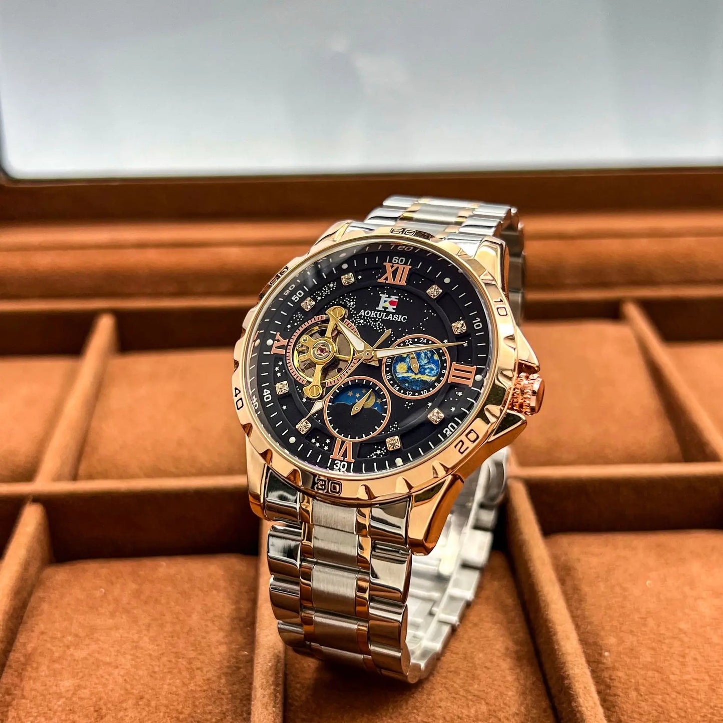 Luxury Skeleton Watch for Men Tourbillon Starry Sky Luminous Design Steel Leather Strap Fashion Automatic Mechanical Watches New