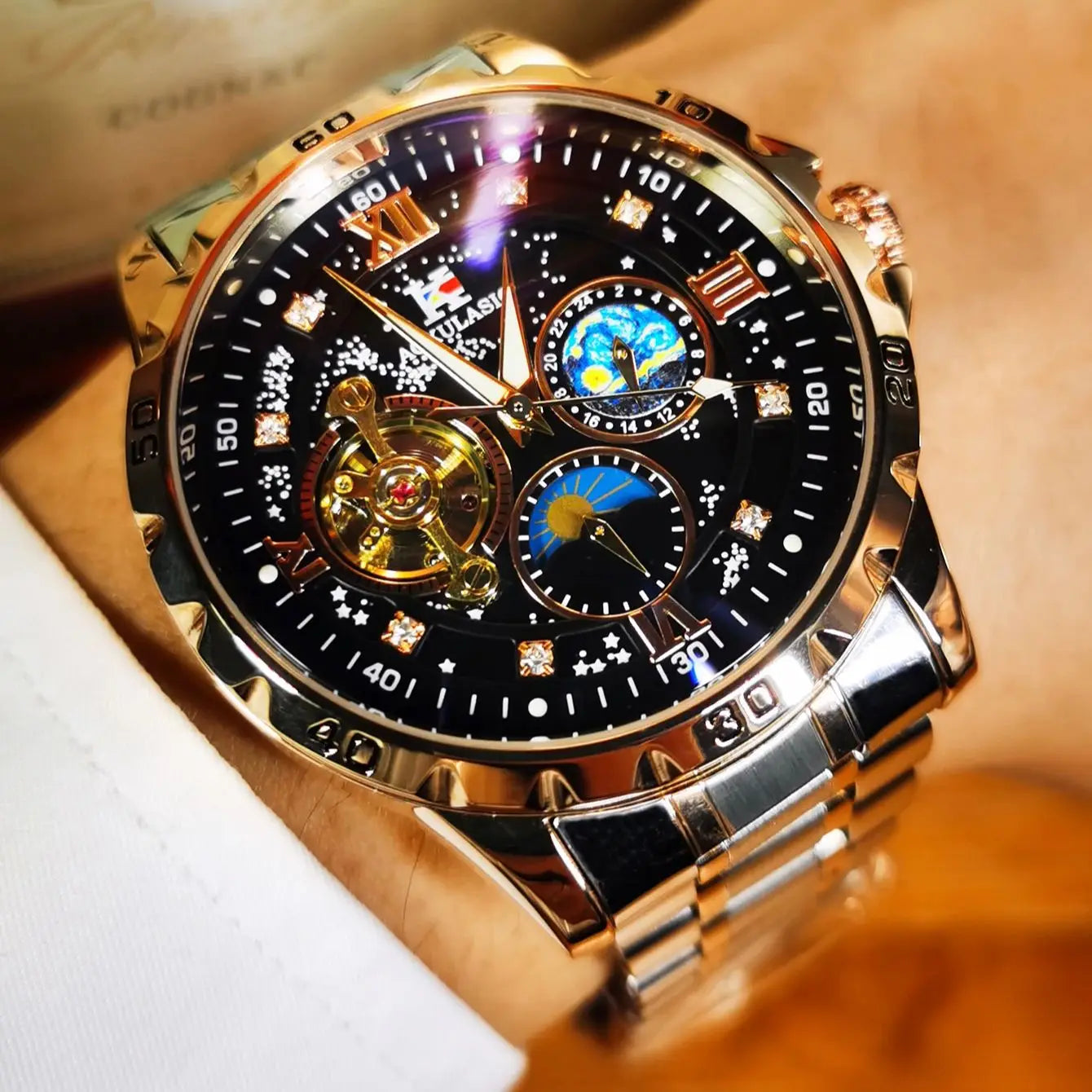 Luxury Skeleton Watch for Men Tourbillon Starry Sky Luminous Design Steel Leather Strap Fashion Automatic Mechanical Watches New