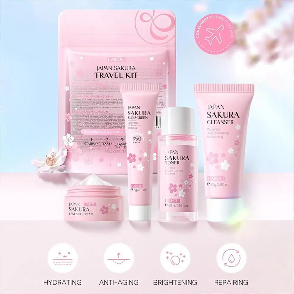 Sakura Skin Care Gift Set — Cleanser, Serum, Eye Cream & Essence Cream Beauty Routine Travel Kit for Women